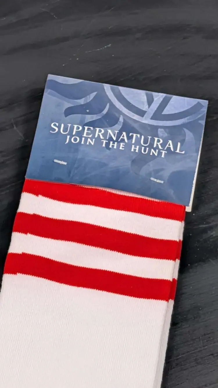 Supernatural Striped Crew Socks (White with Red Stripes)Large